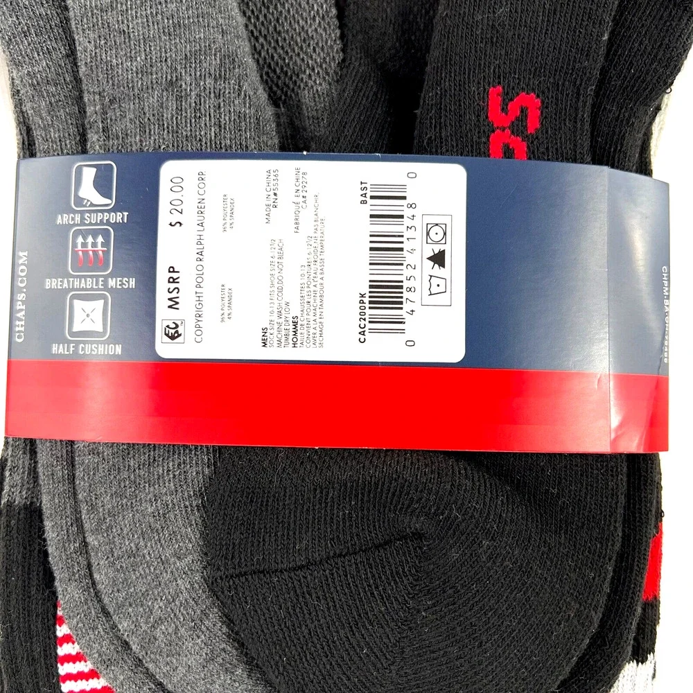 NEW Chaps Men’s Athletic Crew Socks 6 Pairs Arch Support Black Shoe Size 6-12.5